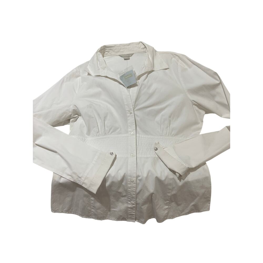 Janeville 14 white cotton shaped fit button down blouse French cuff rhinestone